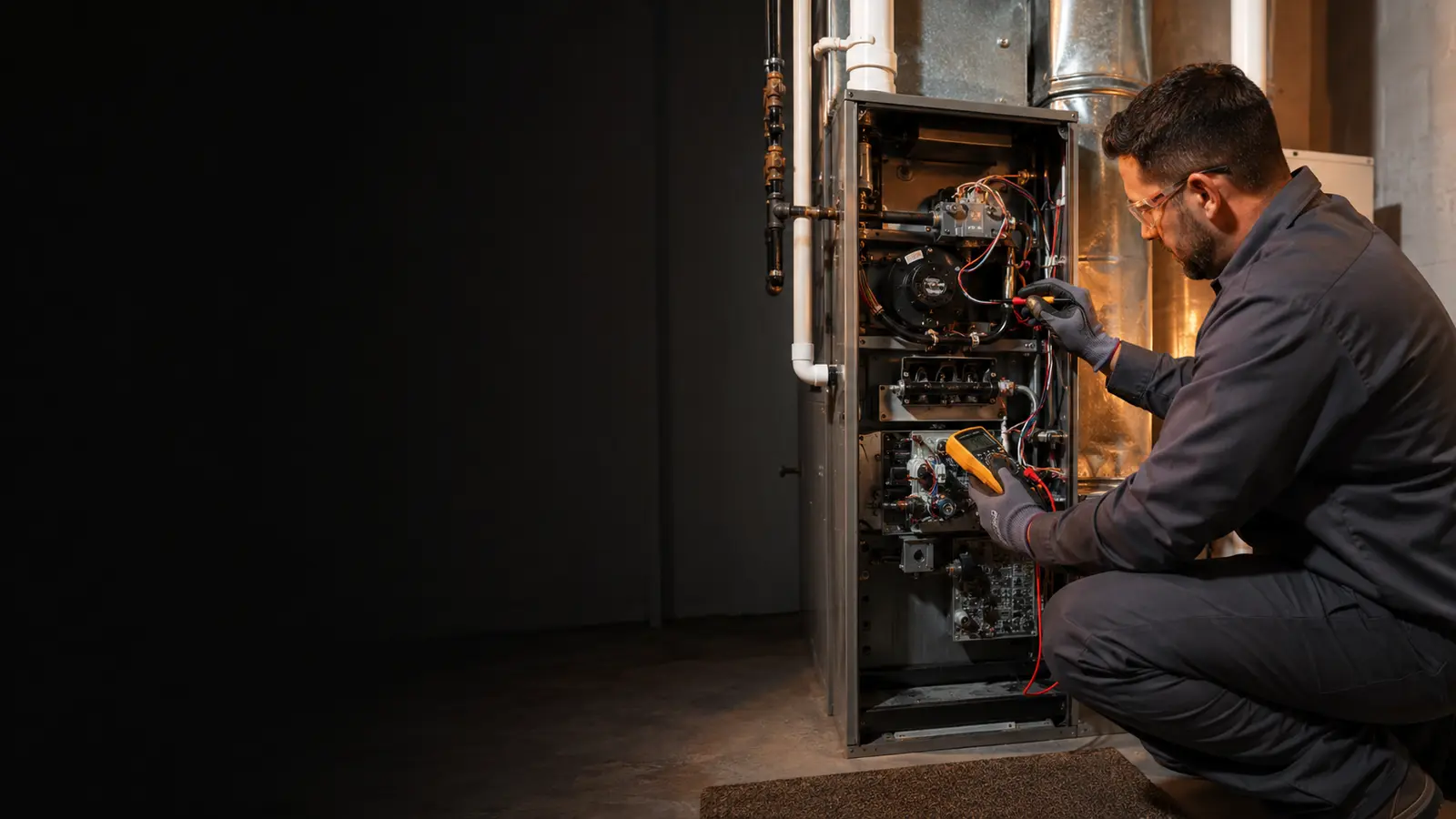 Técnico diagnosticando un calefactor central